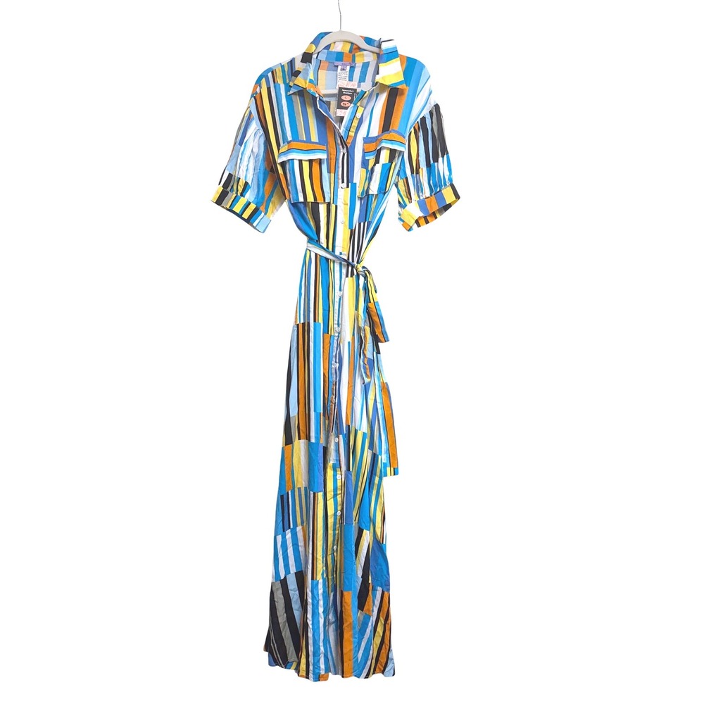 Eien‎ USA Striped Maxi Shirt Dress Geometric Multicolor Belted Large